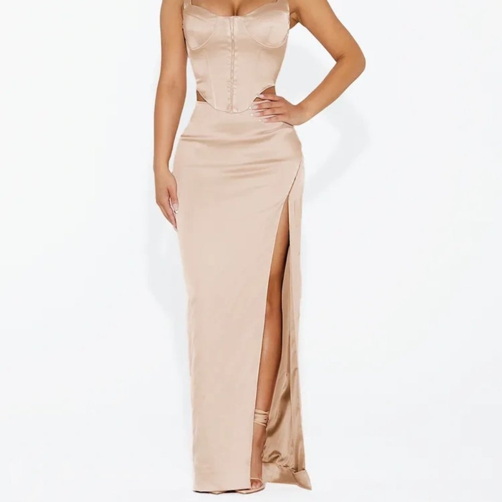 Naked Wardrobe satin high waist adjustable slit high gloss skirt NWOT tan Small